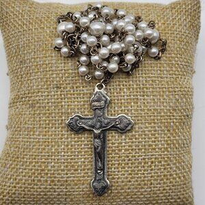 Vintage Faux pearl Silver plate rosary crucifix Italy Christian Jewelry